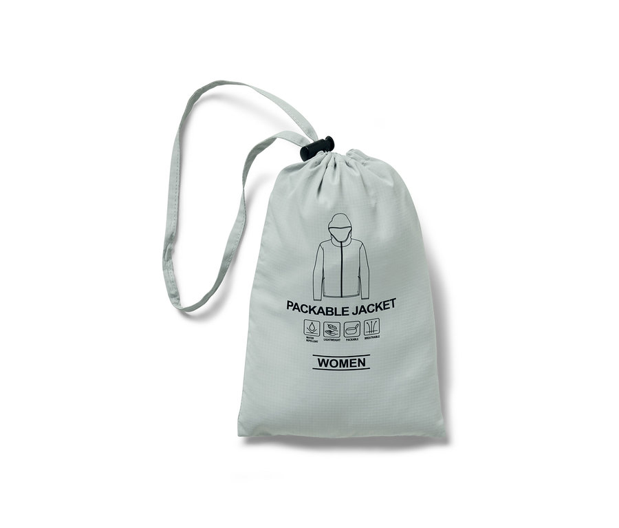 Šedé pouzdro na sbalitelnou funkční bundu.