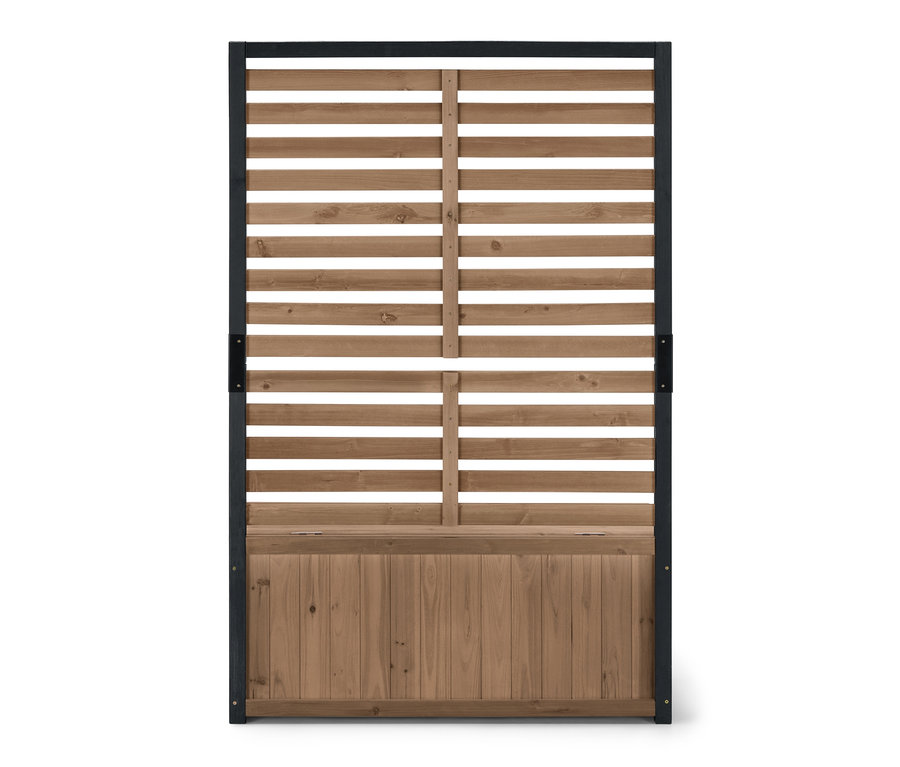 Boční pohled na zástěnu »Elin« s lavicí s úložným prostorem.