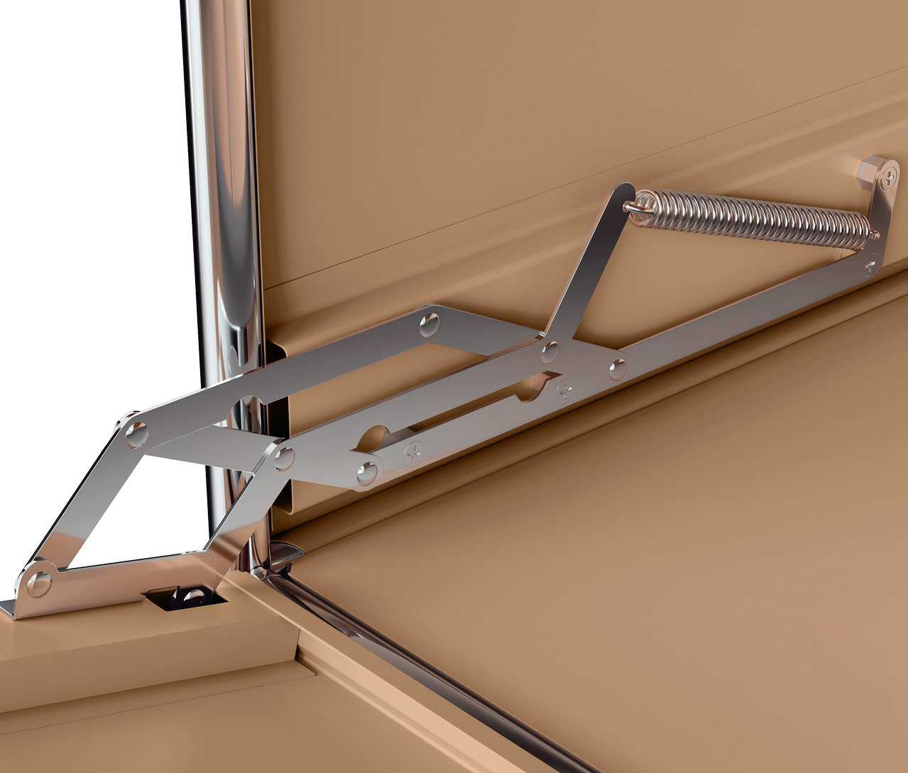 Detail hnědé skříně s ocelovým mechanismem pro otevírání.