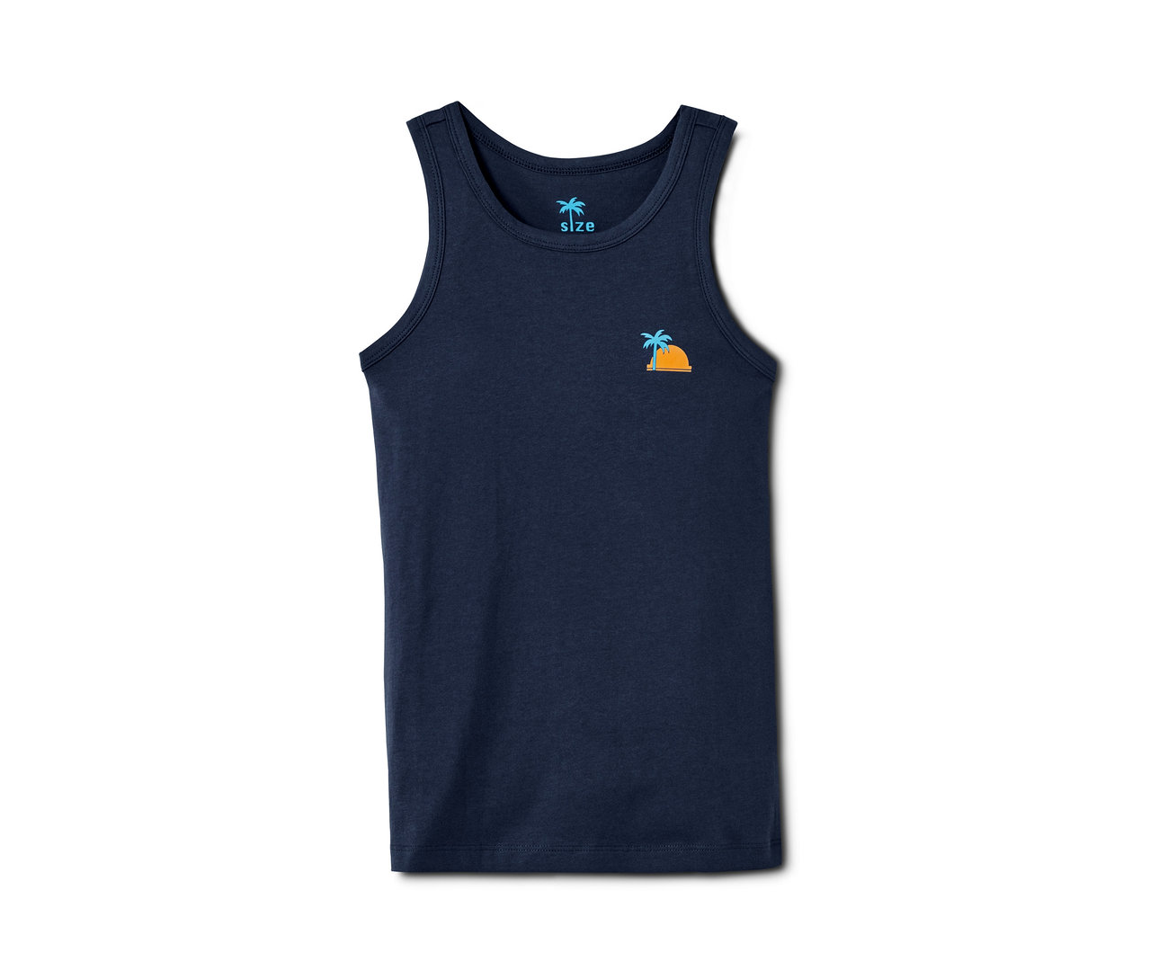 Tmavě modré tílko s malým obrázkem palmy a slunce.