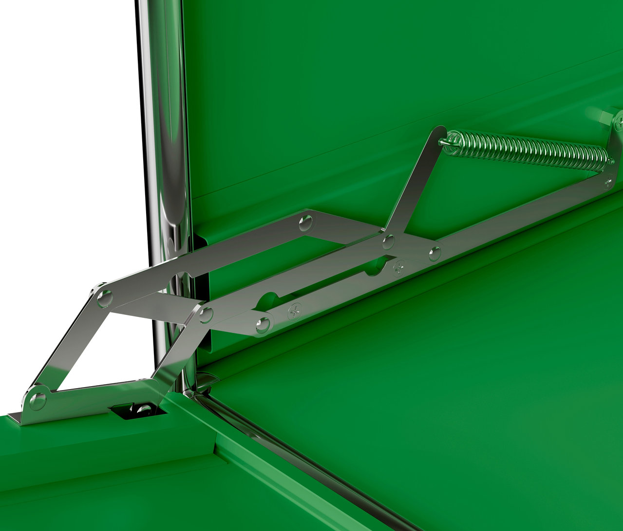 Detail zelené kovové odkládací skříňky »CN3« s jedněmi výklopnými dvířky.