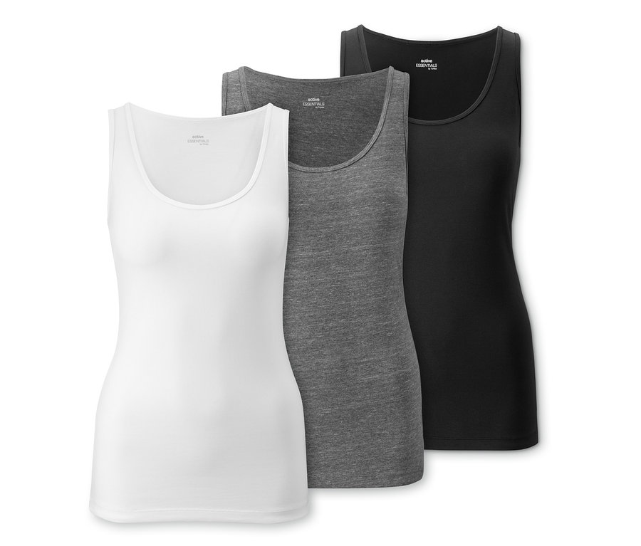 Sada tří topů: bílý, šedý a černý.