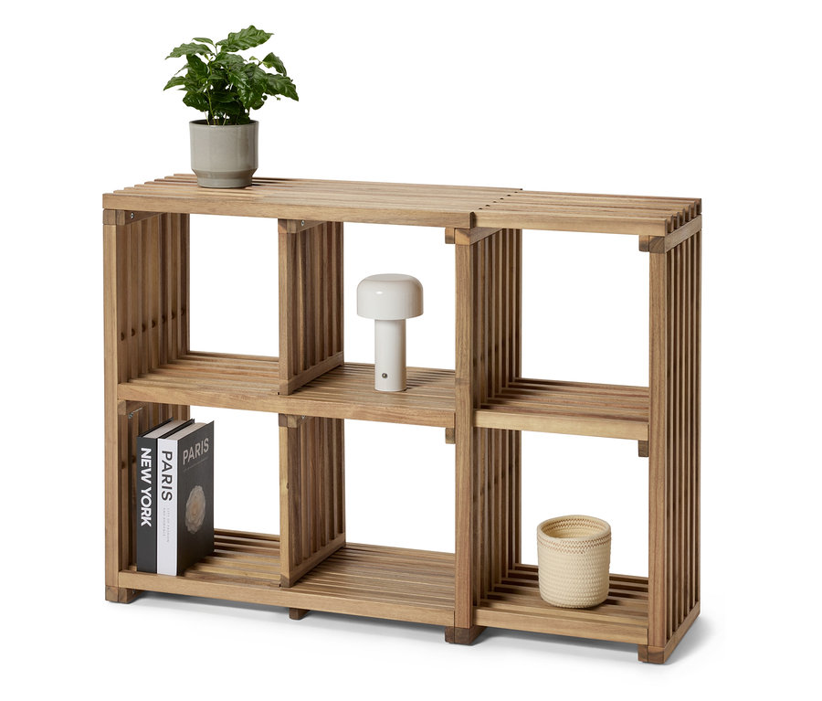 Dřevěný regál s rostlinou, lampou a knihami.