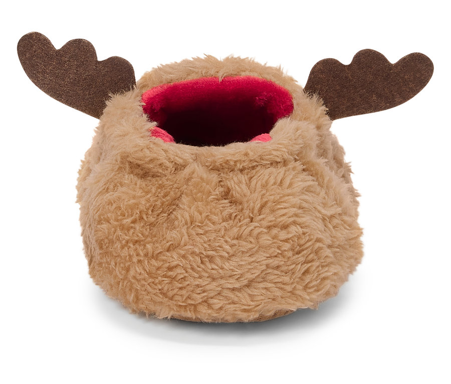 Hnědá chlupatá bačkora s losími parohy a červeným vnitřkem.