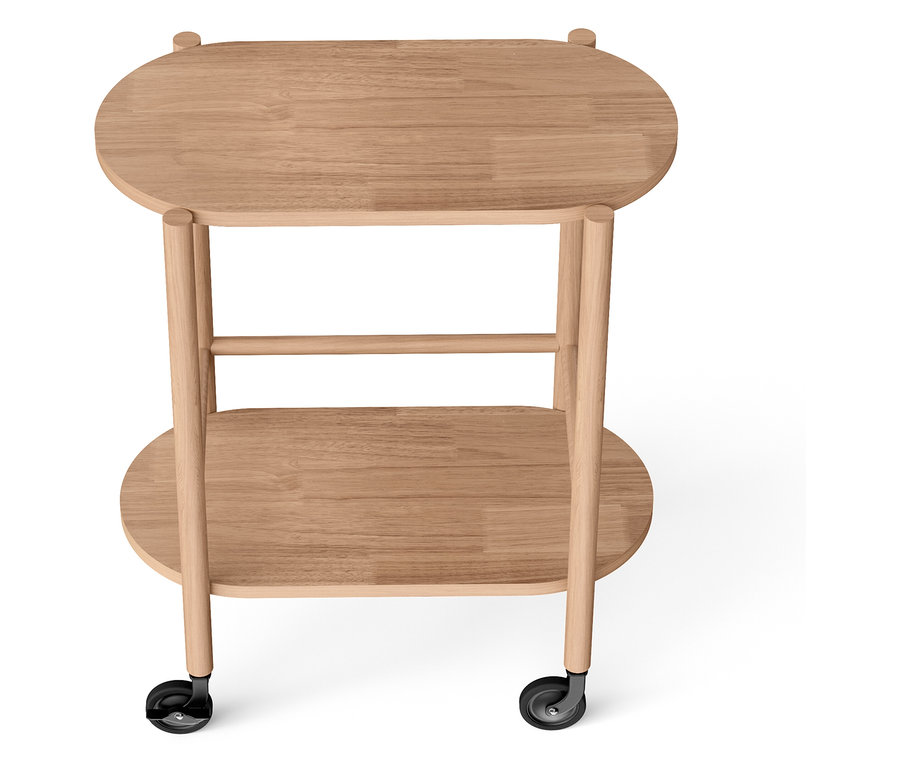 Dřevěný servírovací stolek se dvěma oválnými deskami a kolečky.