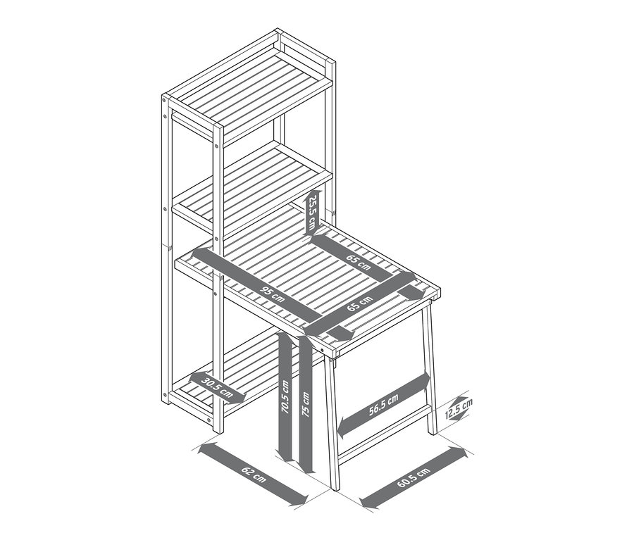 Rozměry balkónové jídelní soupravy »Lenja« s regálem.