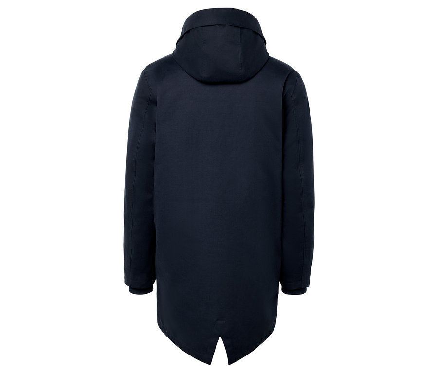 Zadní pohled na tmavě modrou pánskou bundu s kapucí.