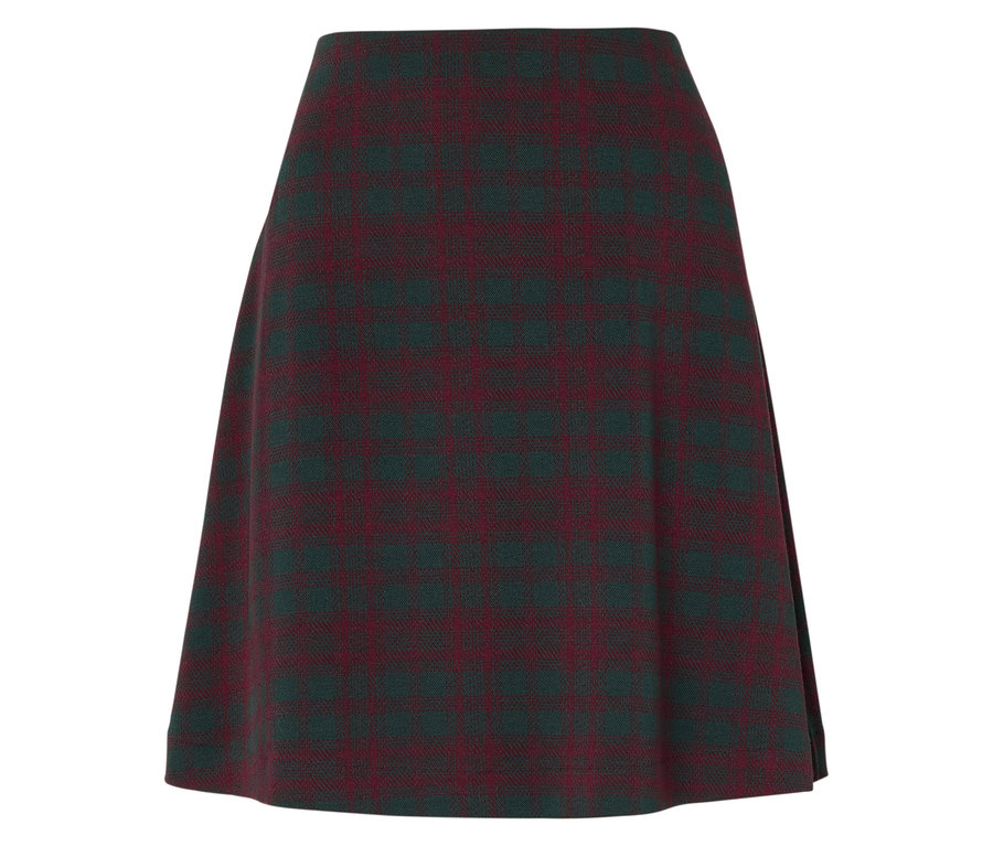 Kostkovaná sukně v bordó a zelené barvě.