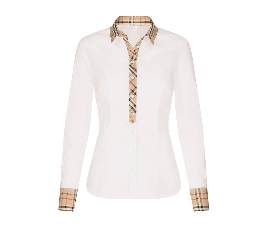 Bílá popelínová halenka Seidensticker s károvanými detaily na límci, knoflíkové léze a manžetách.