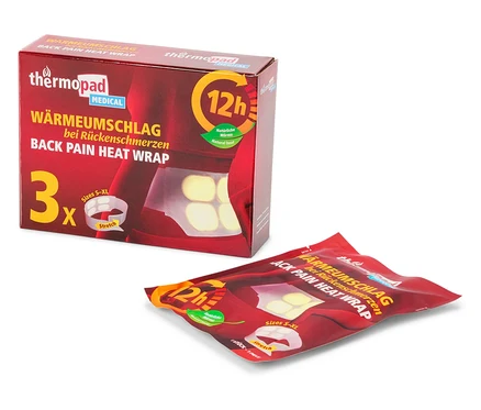 Balení hřejivých náplastí Thermopad na bolesti zad, vedle je jedna náplast.