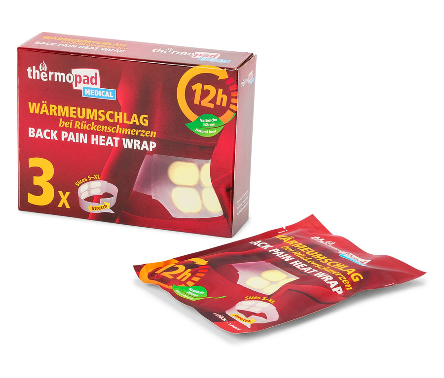 Balení hřejivých náplastí Thermopad na bolesti zad, vedle je jedna náplast.