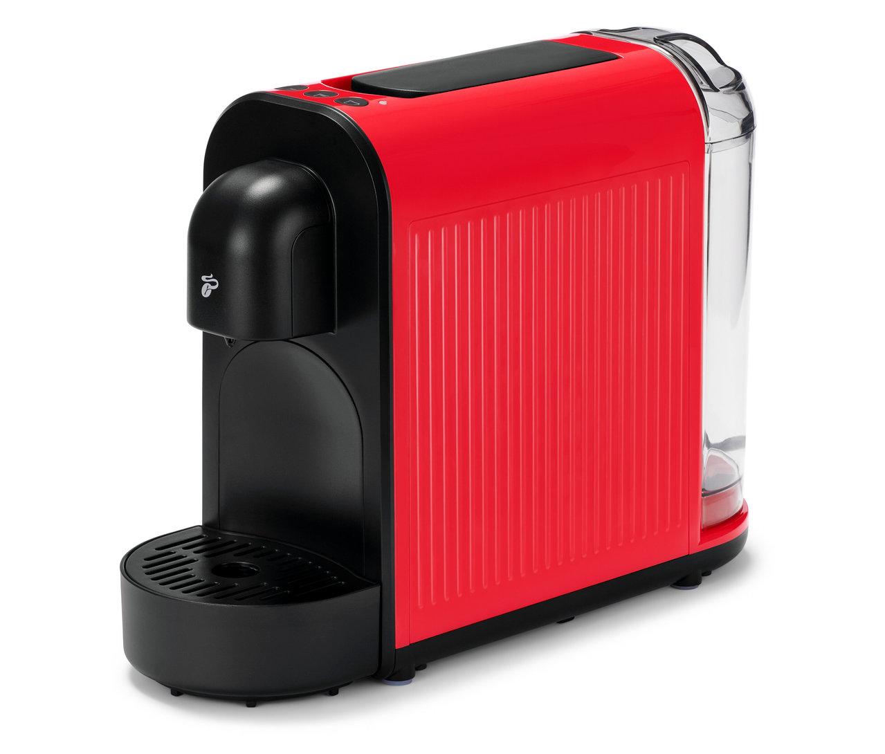 Červený kávovar Cafissimo now red stojí na bílém pozadí.