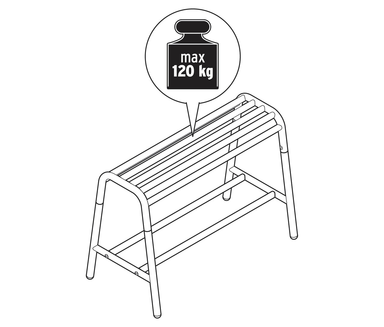 Ilustrace lavice na sezení s odkládací plochou a upozorněním na maximální zatížení 120 kg.