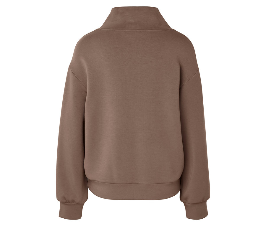 Pohled zezadu na jednobarevnou hnědou mikinu se zipem u krku.