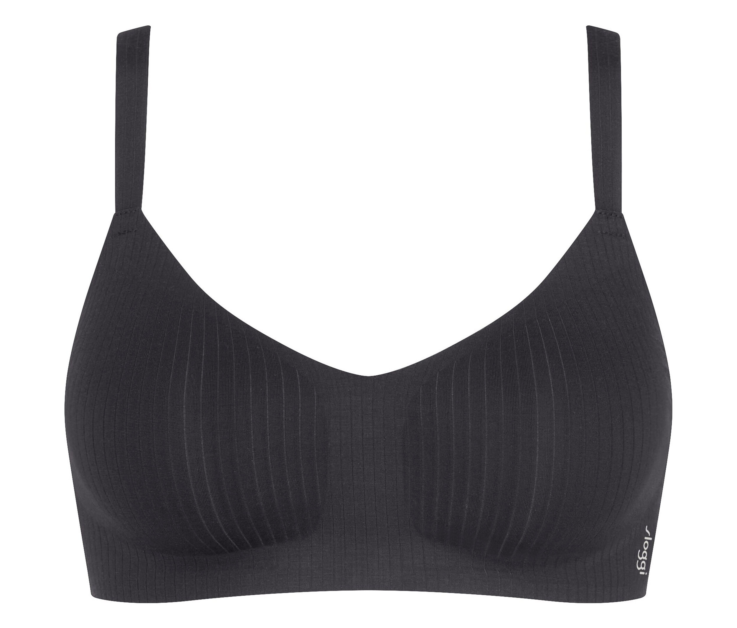 Černá podprsenka s tenkými ramínky a svislým žebrováním.