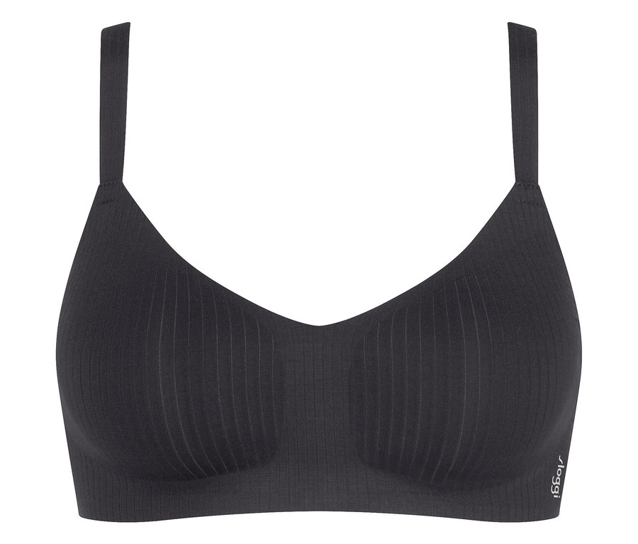 Černá podprsenka s tenkými ramínky a svislým žebrováním.