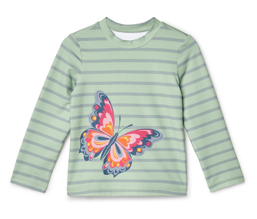 Světle zelená pruhovaná košile s dlouhým rukávem a potiskem motýla.