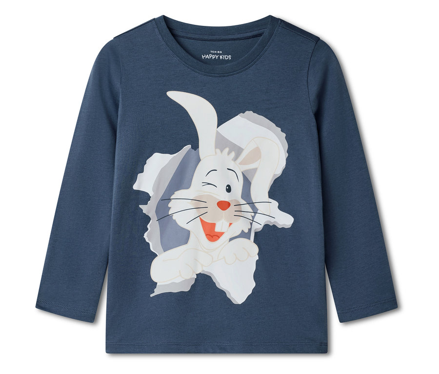 Modré tričko s dlouhým rukávem a potiskem bílého králíka, který vykukuje z trhliny.