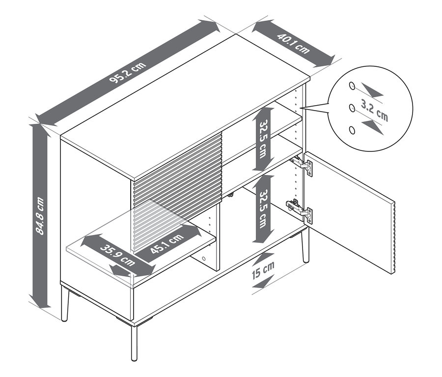 Nákres odkládací skříňky »REET« v lamelovém provedení s rozměry.