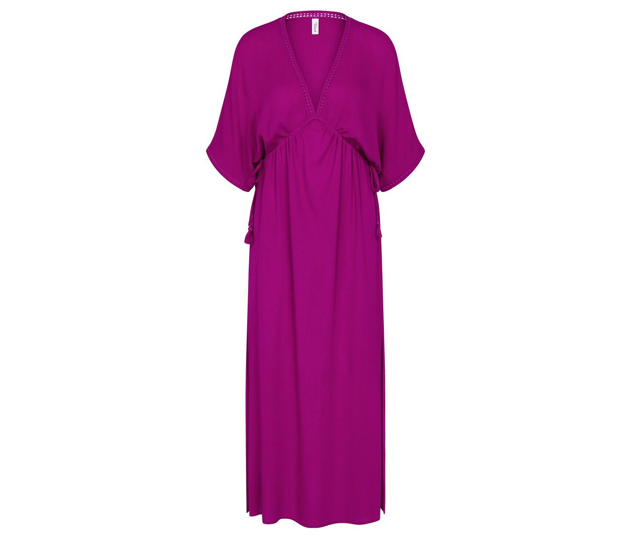 Fuchsiové maxi šaty Triumph Beach MyWear Kaftan s výstřihem do V, krátkými netopýřími rukávy, nařaseným pasem a bočními střapci.