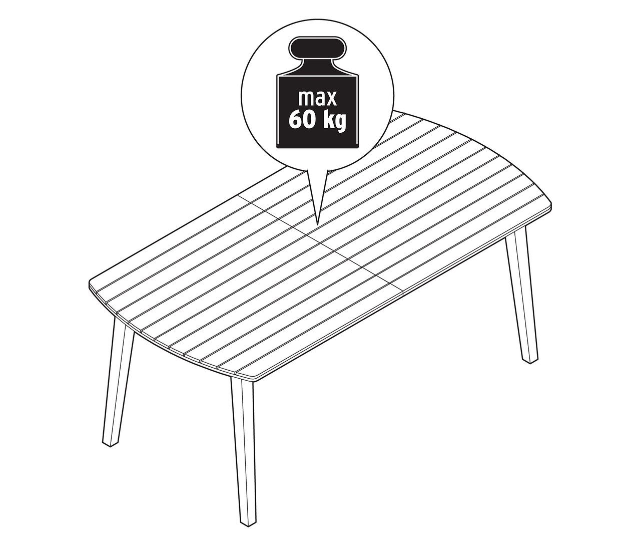 Černobílá kresba rozkládacího zahradního stolu se zaoblenými čely, cca 180-240 cm, s uvedením hmotnosti.