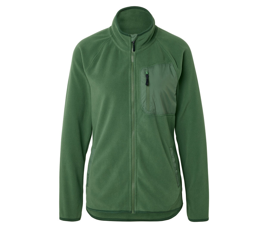Zelená fleecová bunda se zipem po celé délce a náprsní kapsou na zip.