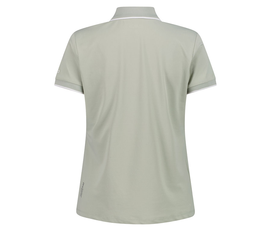 Pohled zezadu na světle zelené polotričko s bílými akcenty na límci a rukávech.