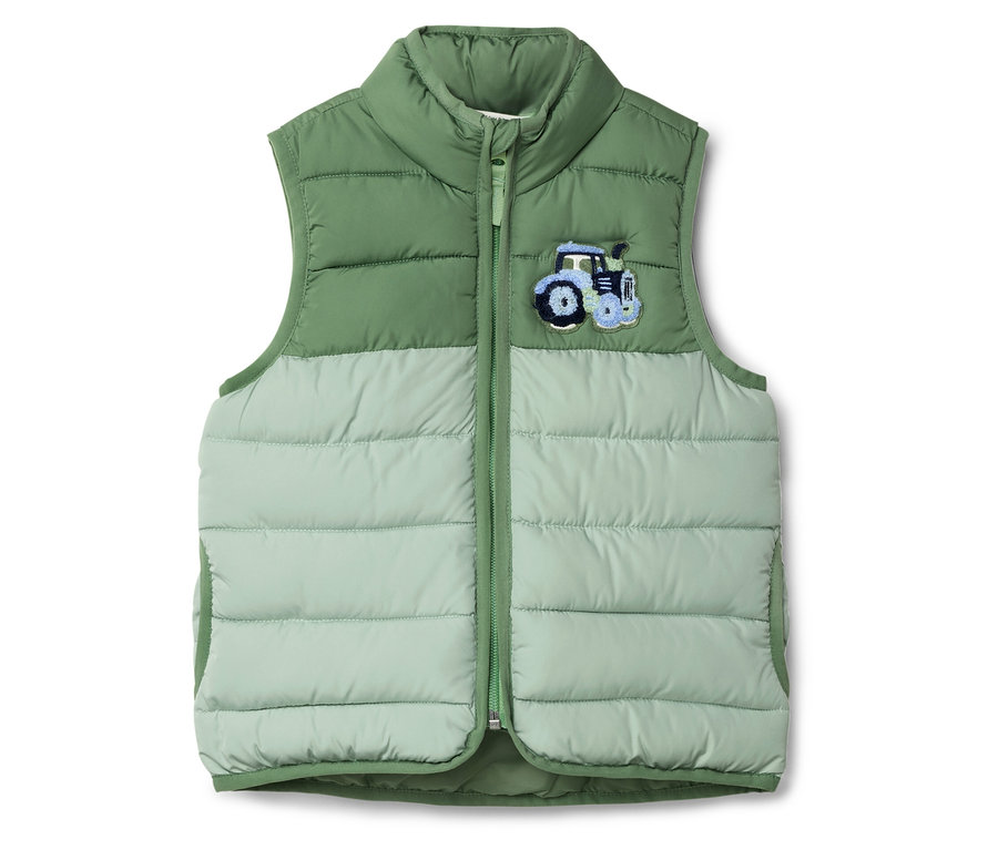 Zelená prošívaná vesta s aplikací traktoru.