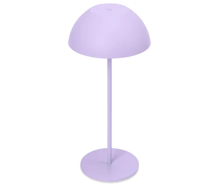 Fialová stojací lampa s kulatým stínidlem na bílém pozadí.