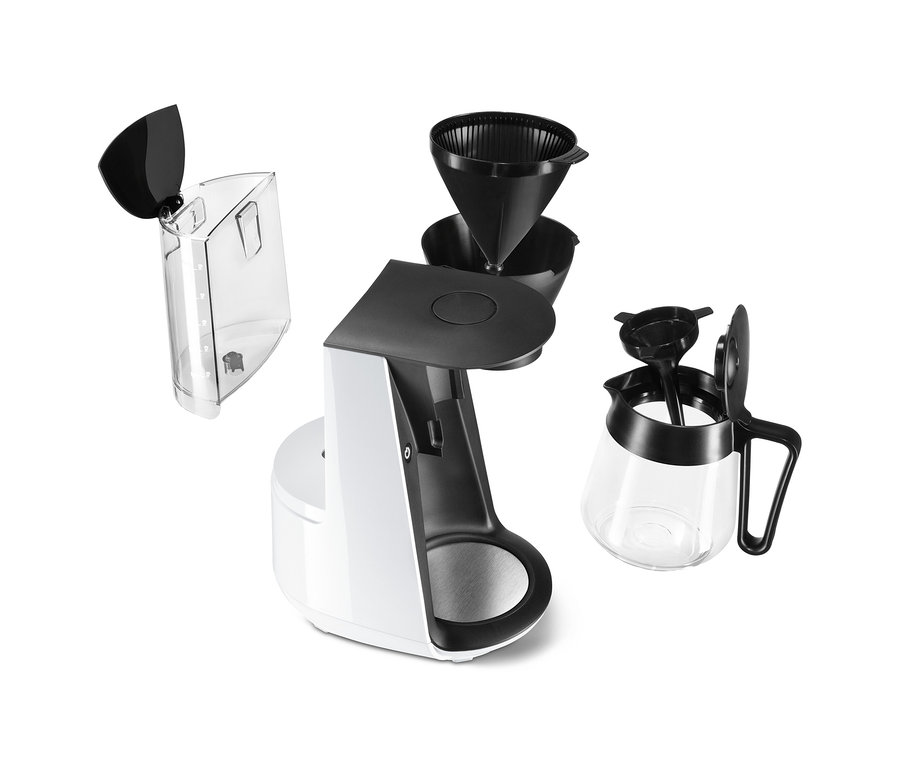 Bílý překapávač na kávu »Let's Brew« s odnímatelnými komponenty.