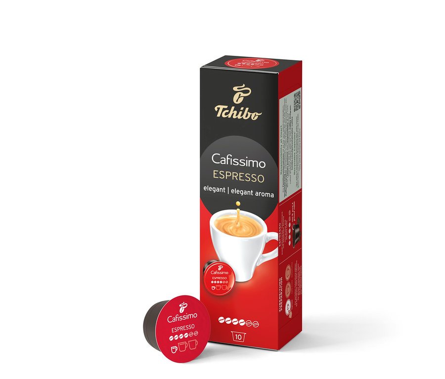 Balení Cafissimo Espresso elegant - 10 kapslí stojí vedle jedné kapsle.