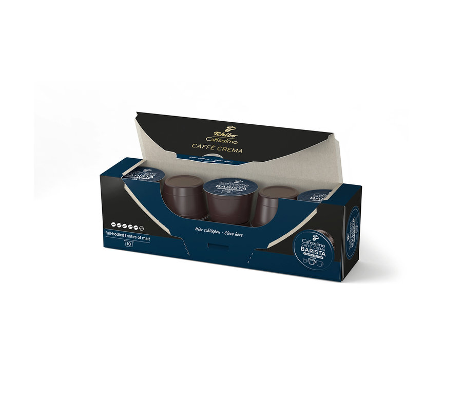Otevřená tmavě modrá krabička s 10 kávovými kapslemi Cafissimo BARISTA Caffè Crema India, ukazující tmavě hnědé kapsle.