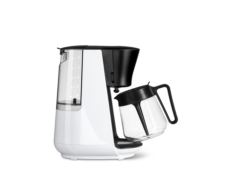 Bílý překapávač na kávu »Let's Brew« s odnímatelnou skleněnou konvicí.