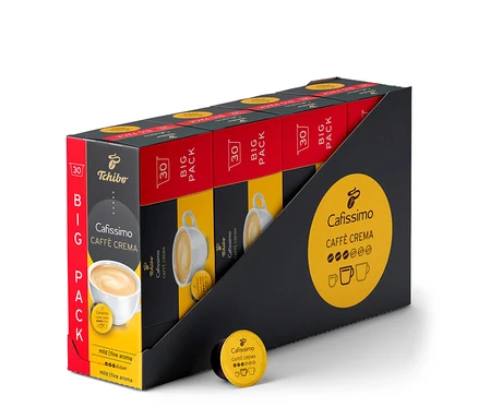 Balení 120 kapslí Caffè Crema jemná v černo-červeno-žlutém obalu. Jedna kapsle leží před obalem.