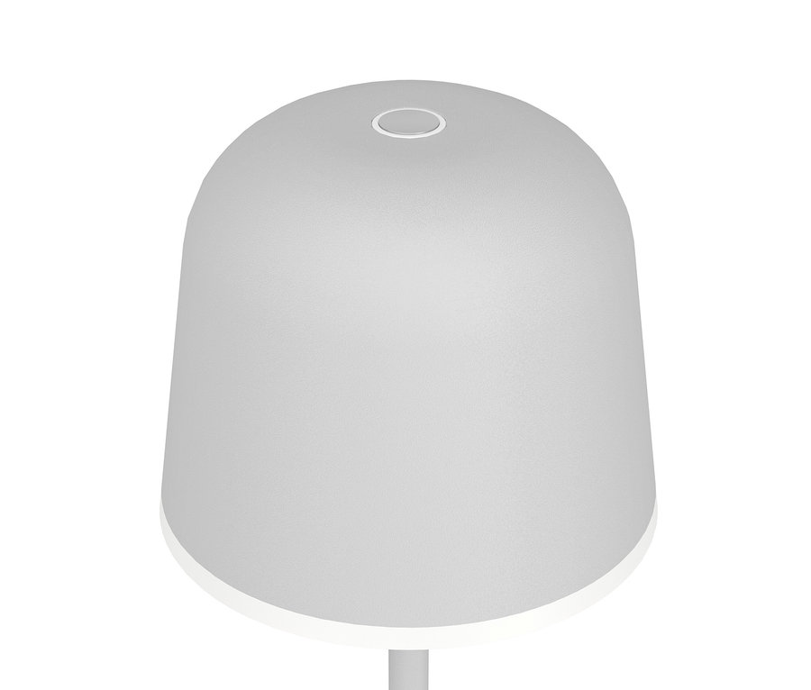 Světle šedá LED dobíjecí stolní lampa Eglo »Mannera« se zvonovitým stínítkem, svítící zespodu a s oválným tlačítkem nahoře.