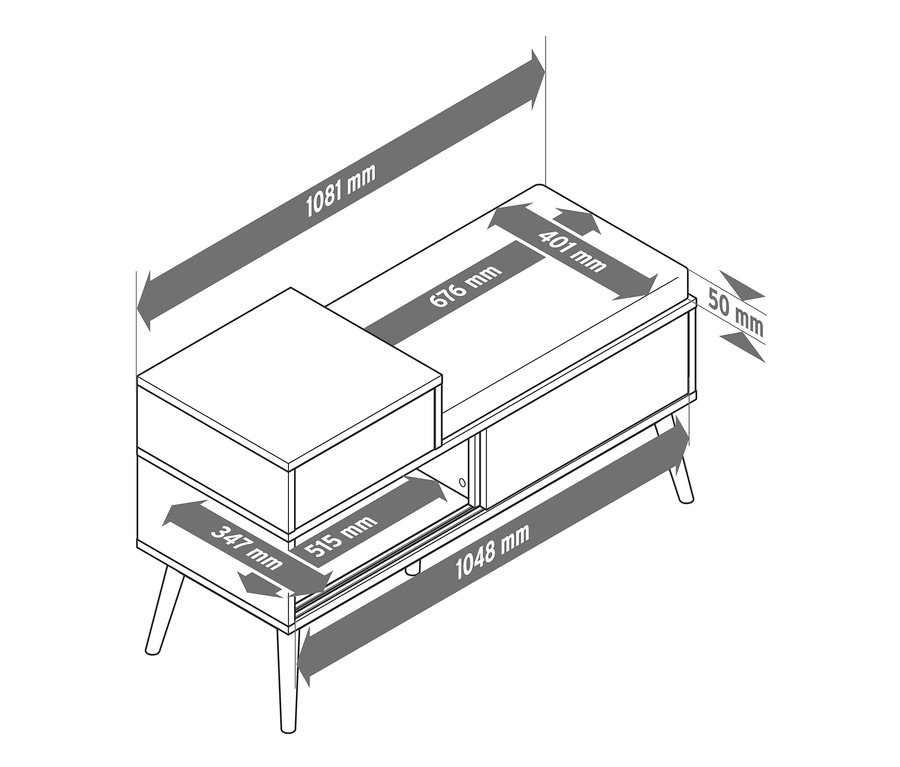 Nákres lavice na sezení s přihrádkou na boty s uvedenými rozměry.