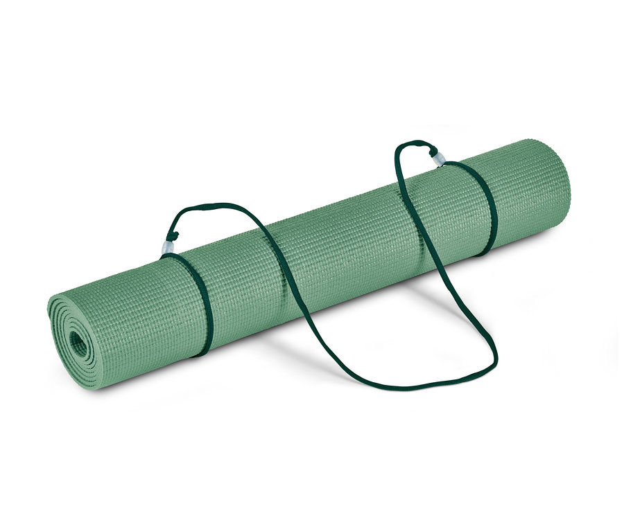 Zelená podložka na jógu a cvičení s černými popruhy.