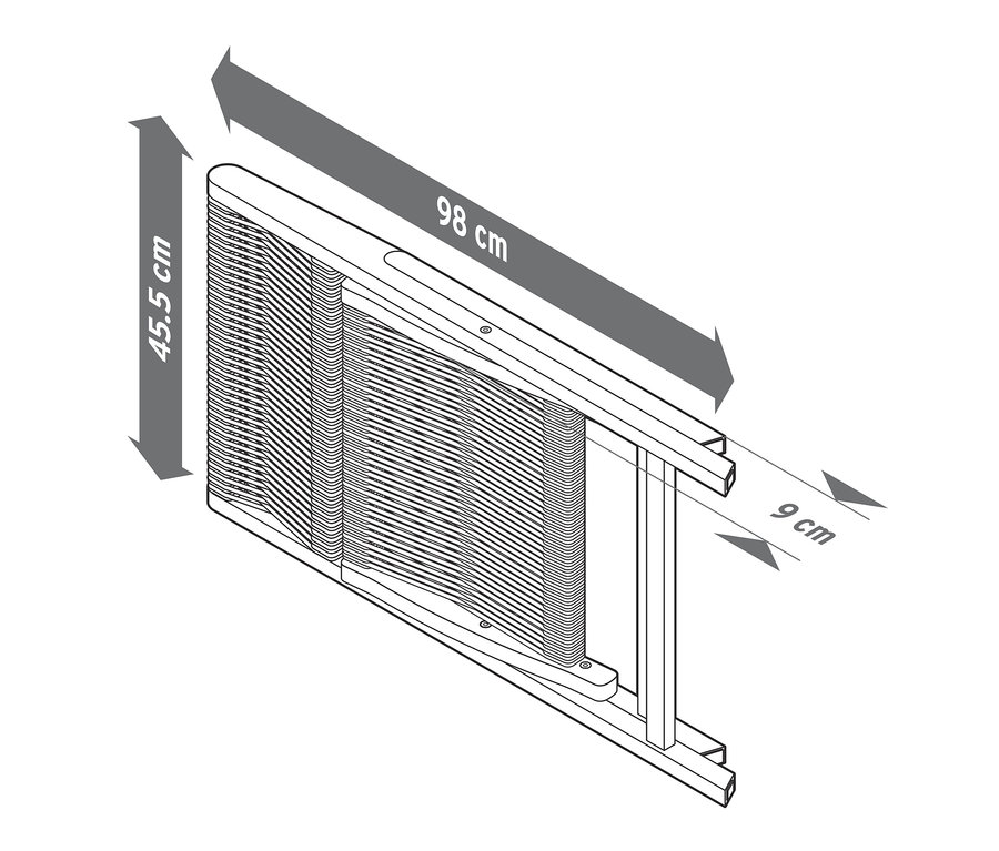 Ilustrace složené židle »Lenja« s textilním výpletem a rozměry 45,5 cm, 98 cm a 9 cm.