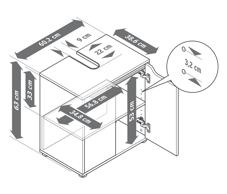 Nákres skříňky pod umyvadlo s úložným prostorem a uvedenými rozměry.