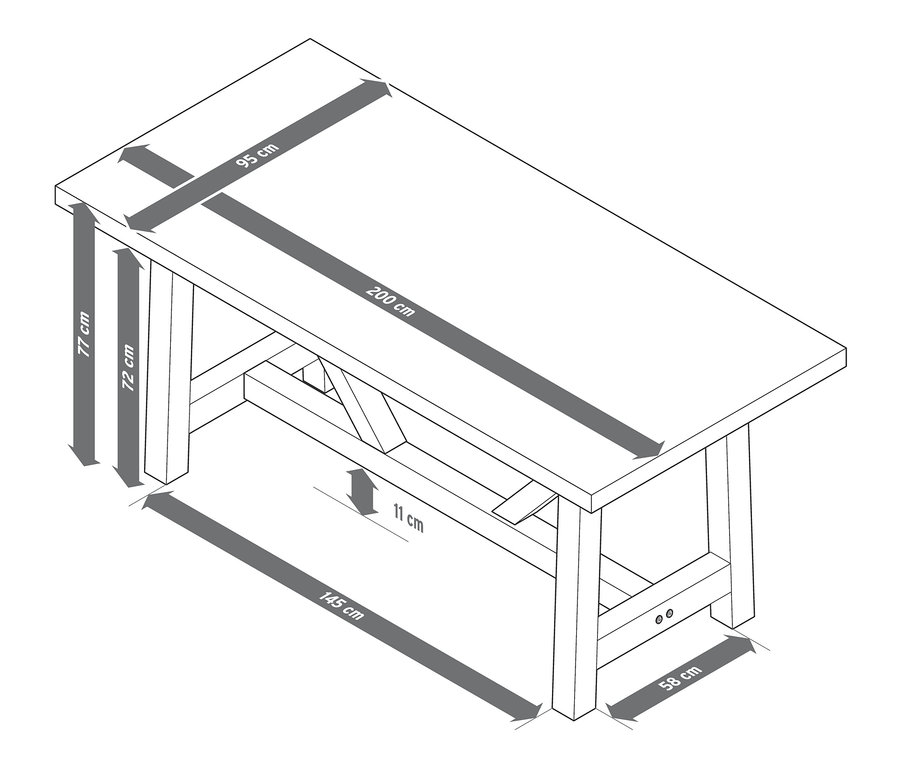 Nákres jídelního stolu s polycementovou deskou a rozměry.