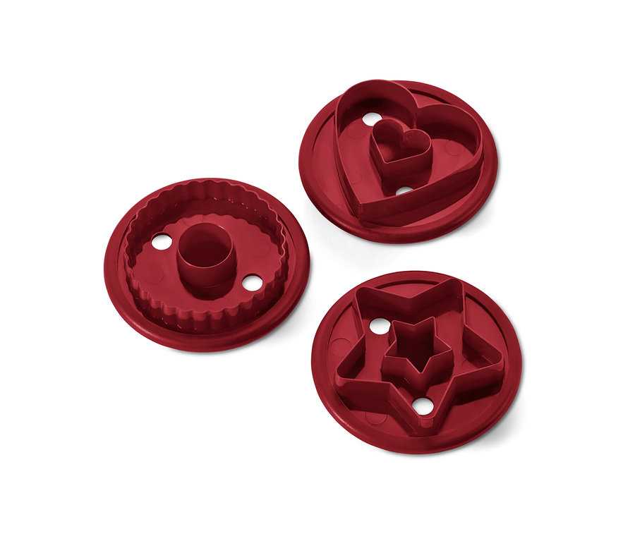 Tři vykrajovátka na linecké cukroví: kruh, srdce a hvězda.