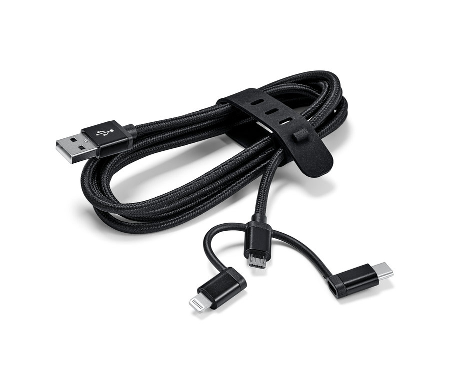 Černý nabíjecí kabel 3 v 1 s USB konektorem.