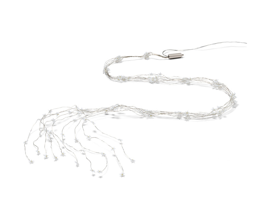 LED světelný řetěz ve tvaru hada s hvězdami na bílém pozadí.