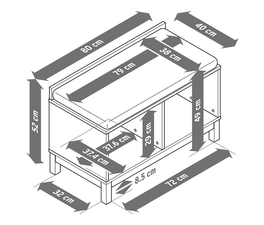 Rozměry lavice s úložným prostorem.