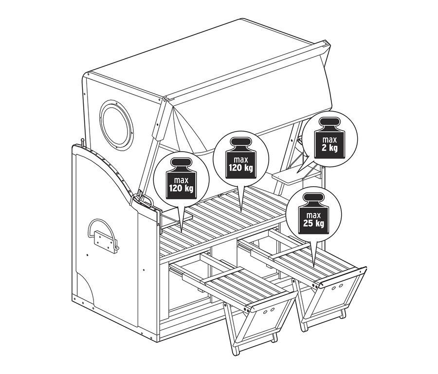 Nákres plážového koše Premium XL se 2 výklopnými stolky.