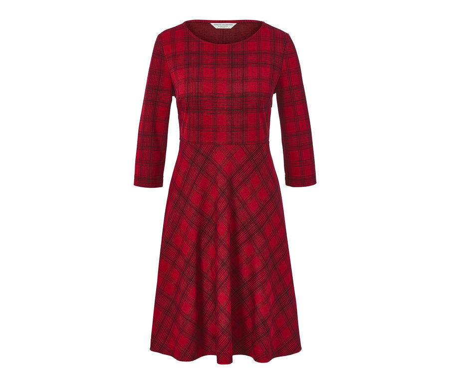 Červené kostkované žakárové šaty s tříčtvrtečními rukávy.