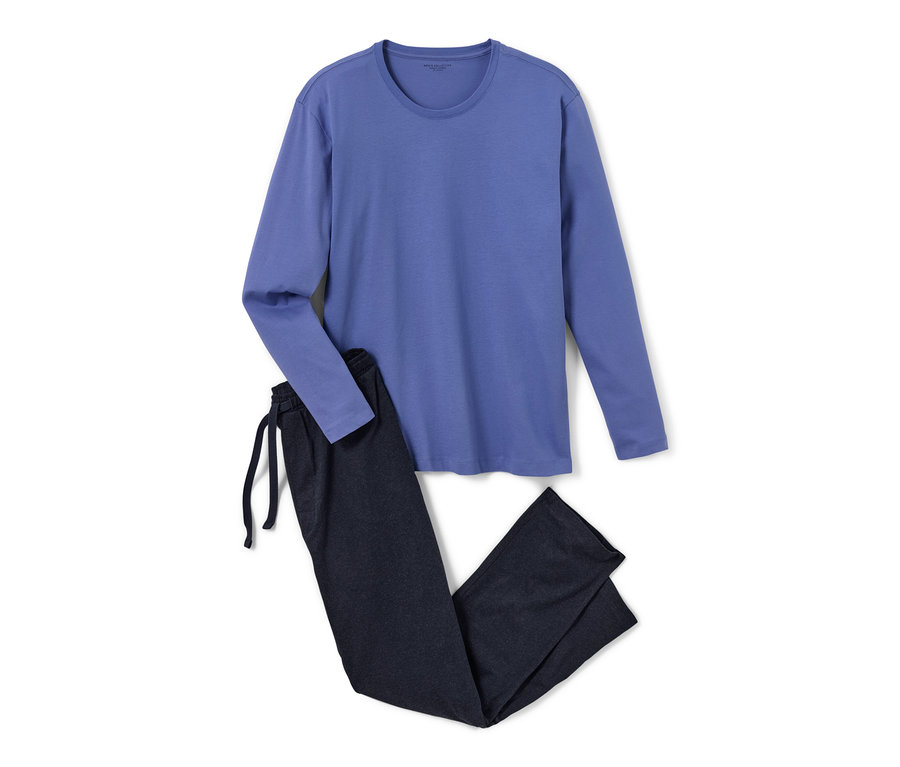 Modré/tmavě modré pyžamo s dlouhým rukávem a kalhotami.