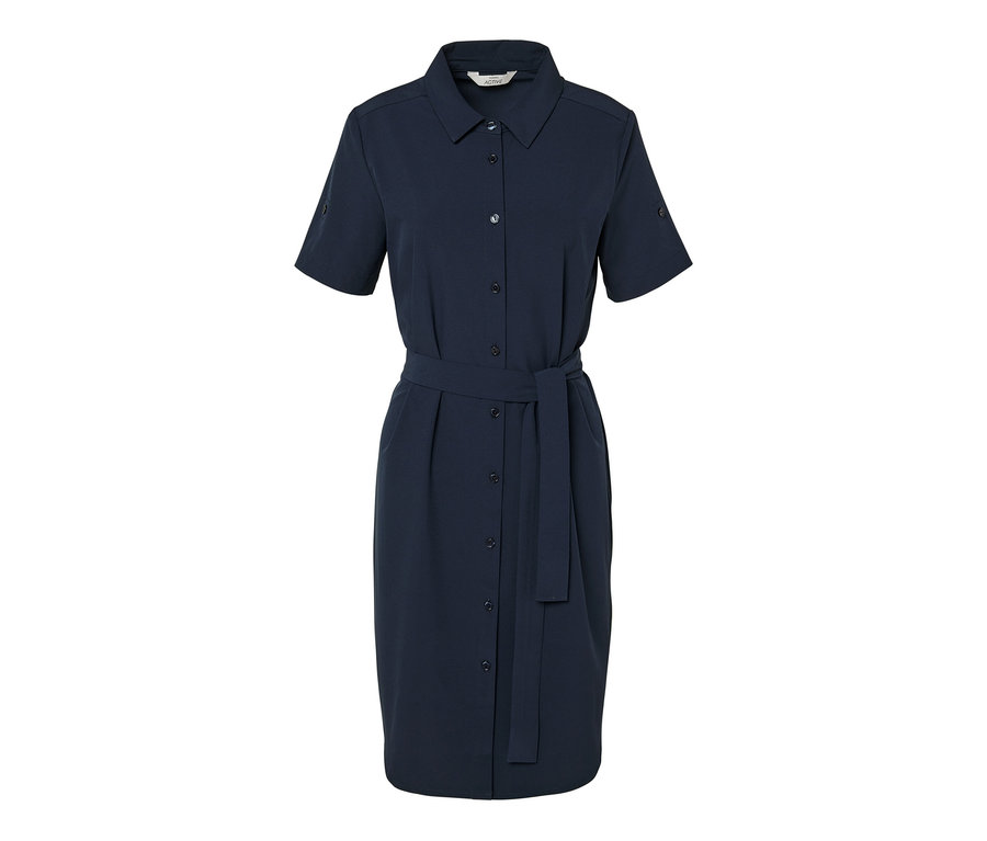 Tmavě modré funkční šaty s krátkými rukávy a páskem.
