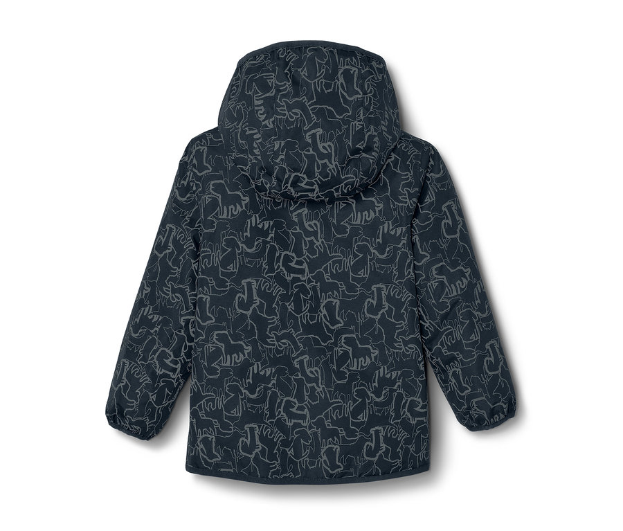 Zadní pohled na dětskou termo bundu do deště s reflexními prvky, s kapucí a potiskem zvířat.