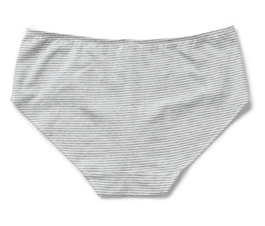 Pruhované kalhotky světle šedé a bílé barvy leží na bílém pozadí.